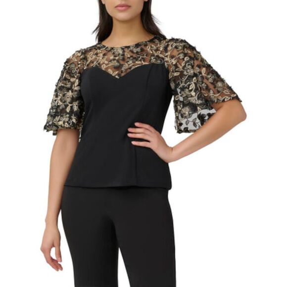 ADRIANNA PAPELL Tops - ADRIANNA PAPELL Womens Black 3d Illusion Mesh Flutter Sleeve Cocktail Top 2